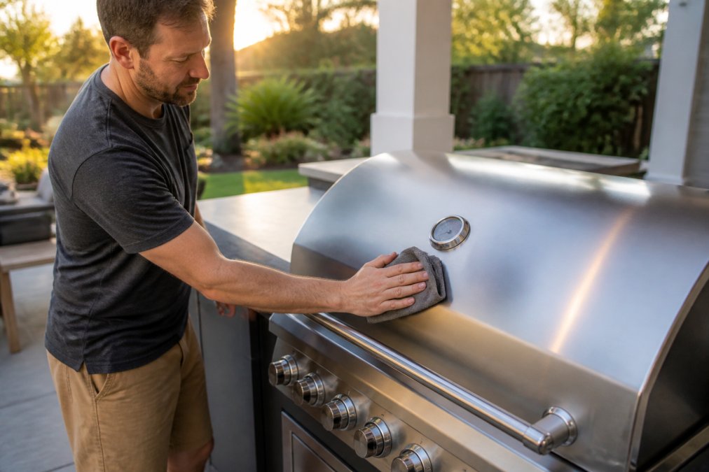 Homeowner cleaning a stainless steel outdoor kitchen grill lid with a soft cloth on a sunny patio
