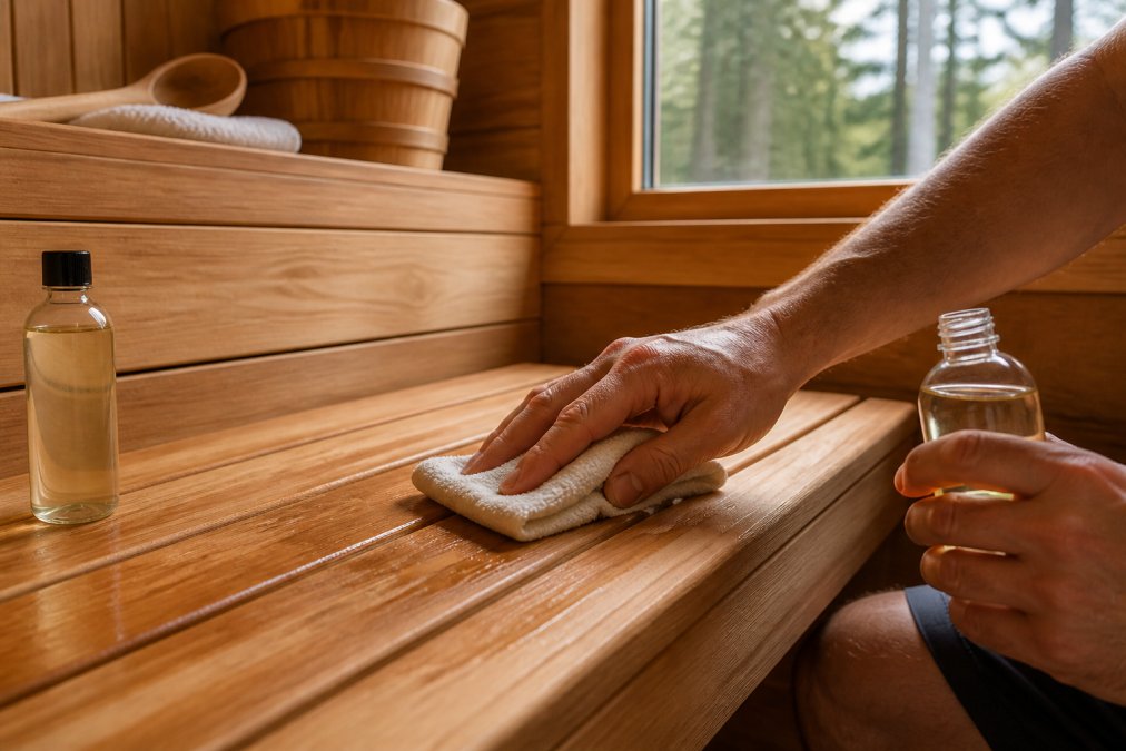 Close-up of hands applying clear wood oil with a soft cloth to a cedar sauna bench, warm wood grain visible, small bottle of paraffin oil beside the bench, soft natural light through a sauna window