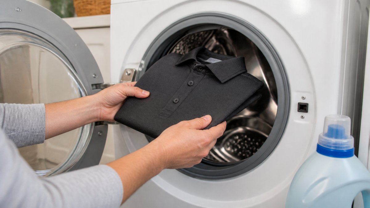 A person's hands loading a front-loading washing machine with a folded performance polo shirt, detergent bottle visible on the side, bright laundry room setting