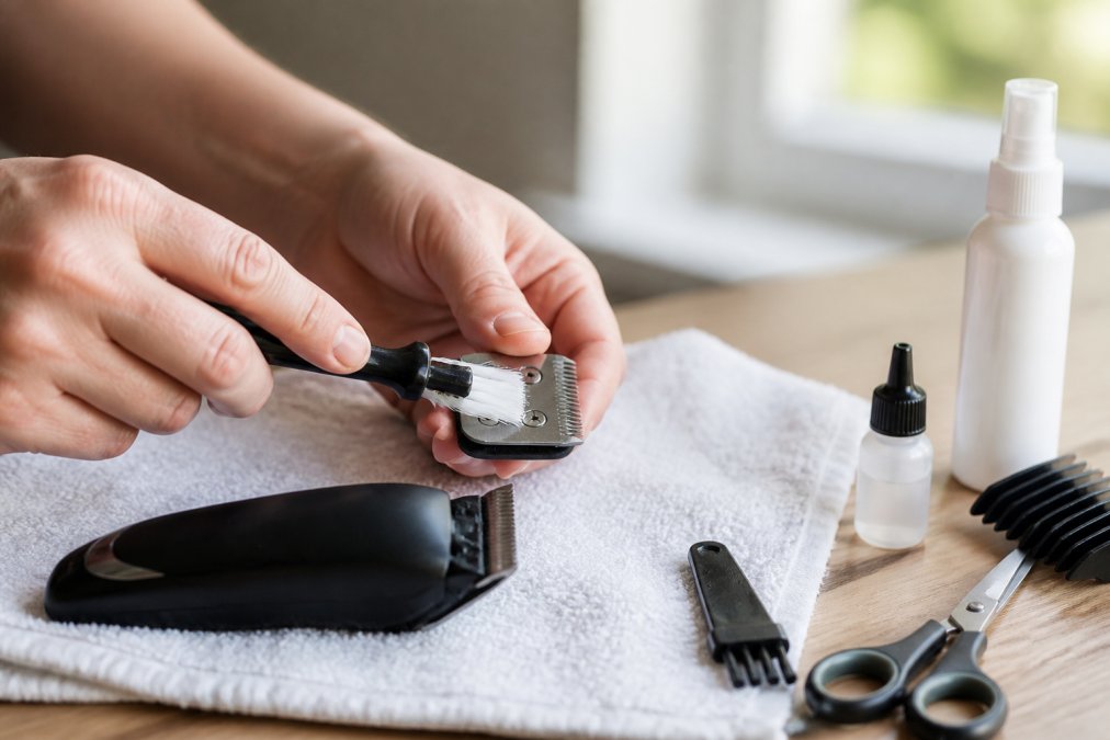 Close-up of hands using a small stiff brush to clear hair and debris from the teeth of a pet grooming clipper blade resting on a clean white towel, soft daylight from a window