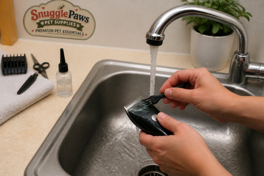Close-up of hands using a cleaning brush to remove hair from grooming clipper blades under warm running water in a sink