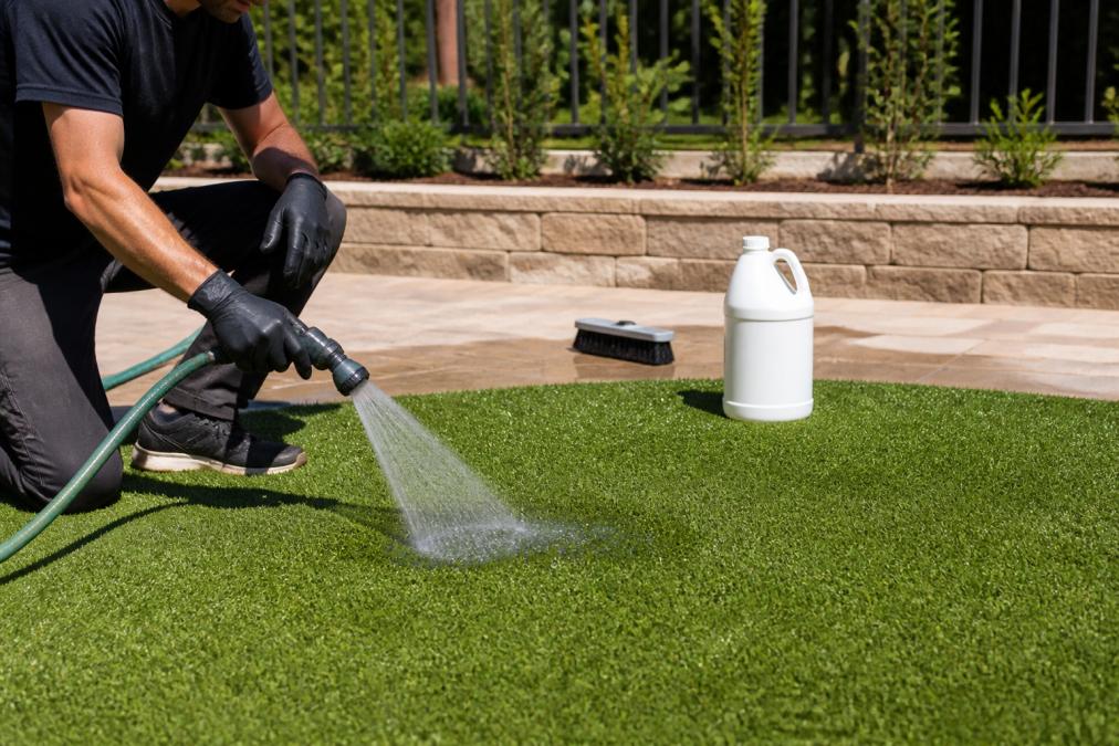 Person wearing gloves rinsing pet turf with a garden hose and enzyme cleaner to remove urine stains