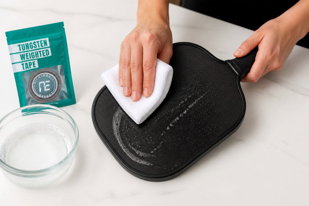 Close-up of hands gently wiping a pickleball paddle face with a lint-free cloth and mild soap solution over a white surface, showing proper cleaning technique