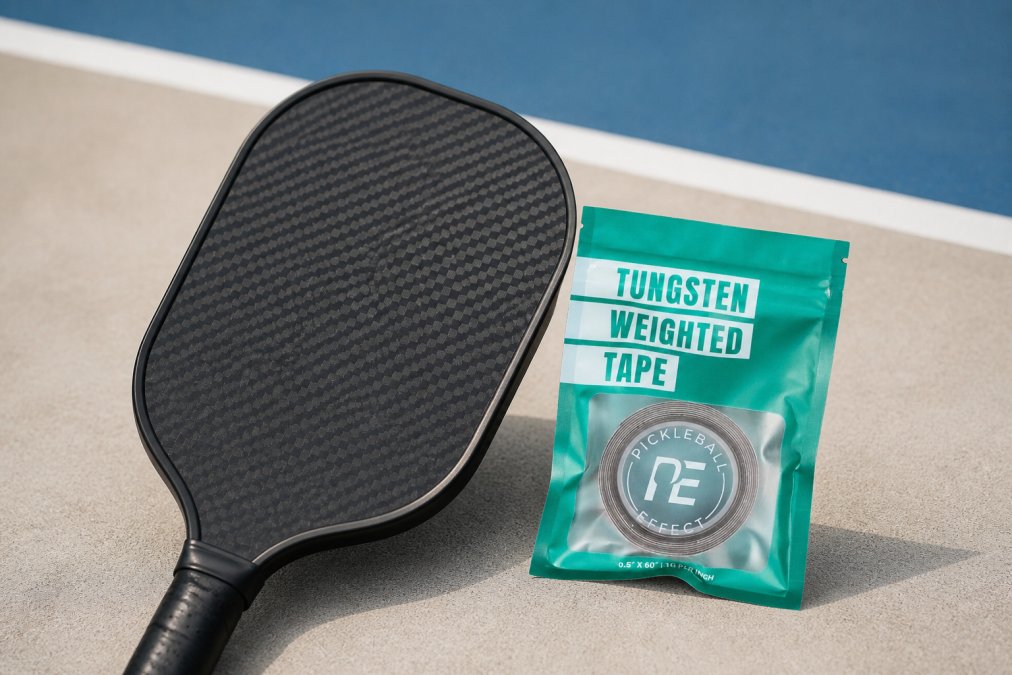 A raw carbon fiber pickleball paddle resting on a clean, dry surface with the textured paddle face visible in natural light, showing the abrasive grit pattern