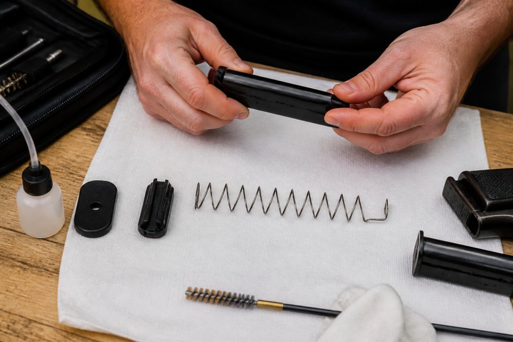 Close-up of hands disassembling a pistol magazine on a clean workbench, with the base plate, follower, magazine spring, and magazine body laid out separately on a white cloth, under bright overhead workshop lighting