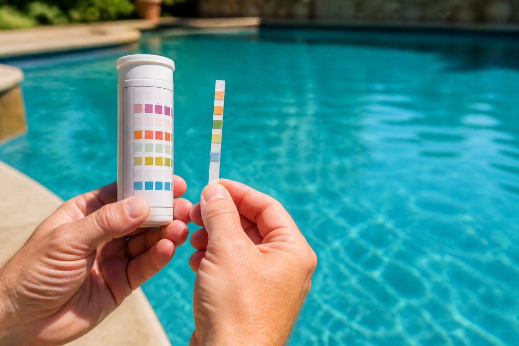 Close-up of a homeowner's hands holding a pool water test strip next to a clear blue swimming pool on a sunny day, with test color chart visible on the container