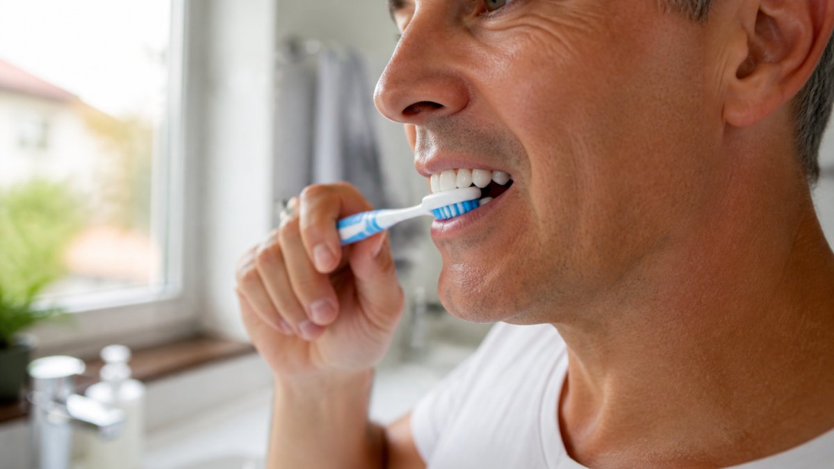 Close-up of a person using a soft-bristle toothbrush on their front teeth at a bathroom sink, demonstrating proper gentle brushing technique with natural morning light