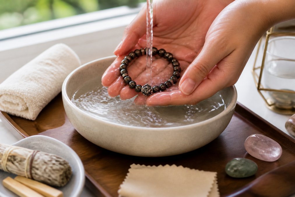 Hands gently rinsing prayer beads under flowing water in a shallow ceramic bowl with soft natural window lighting illuminating the beads and water