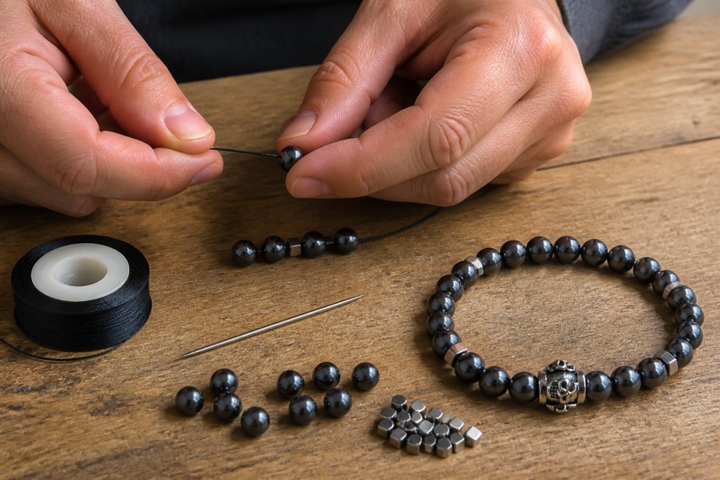 Hands carefully restringing beads on a work surface with silk thread, metal needle, individual stone beads arranged neatly, and a small pile of spacer beads in soft natural lighting