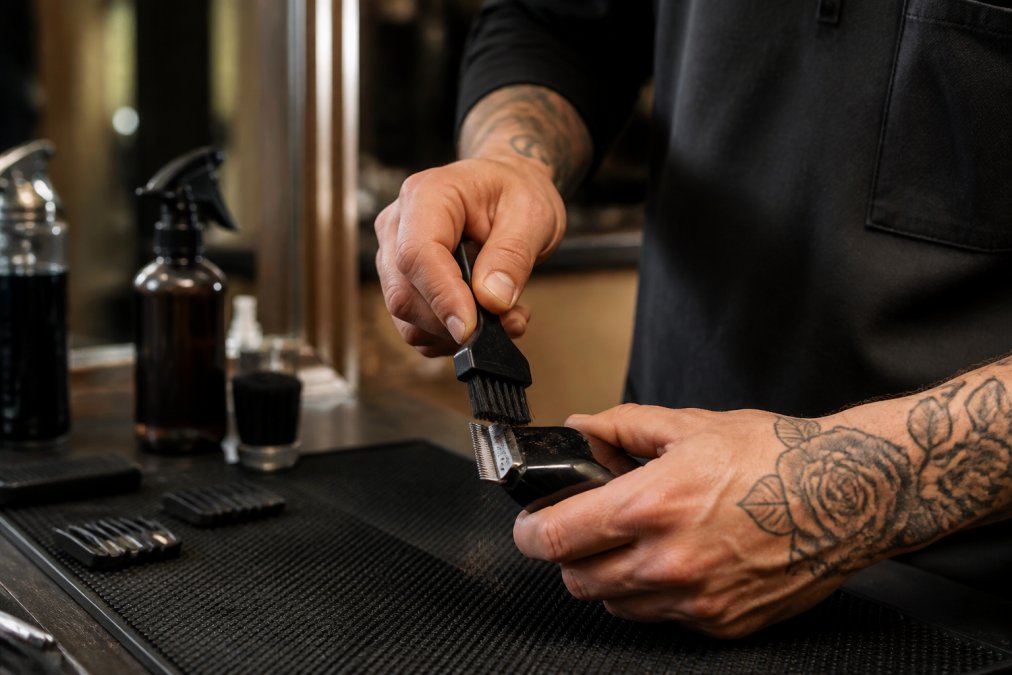 Professional barber using a soft cleaning brush to remove hair debris from clipper blades over a work station with proper lighting