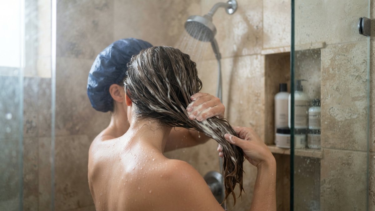Person applying conditioner to wet hair in shower, focusing on proper product application technique with attention to hair texture and moisture