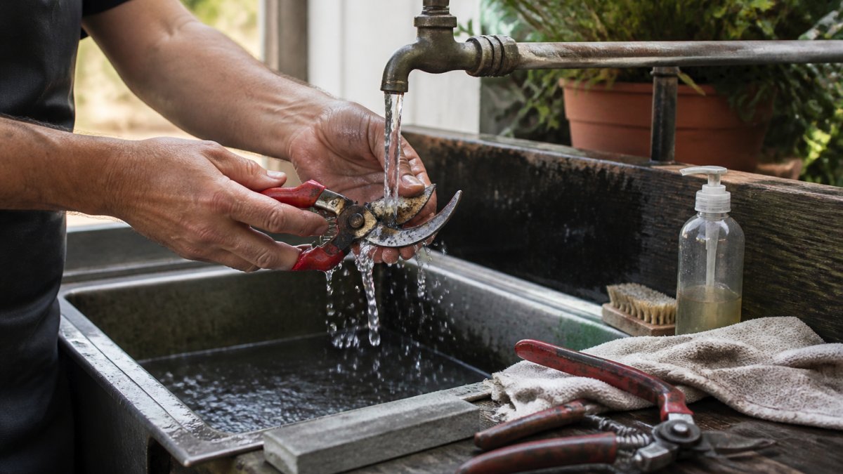 Professional demonstrating hands holding professional pruning secateurs under running water, with sap and plant residue visibly being rinsed away, in bright natural light