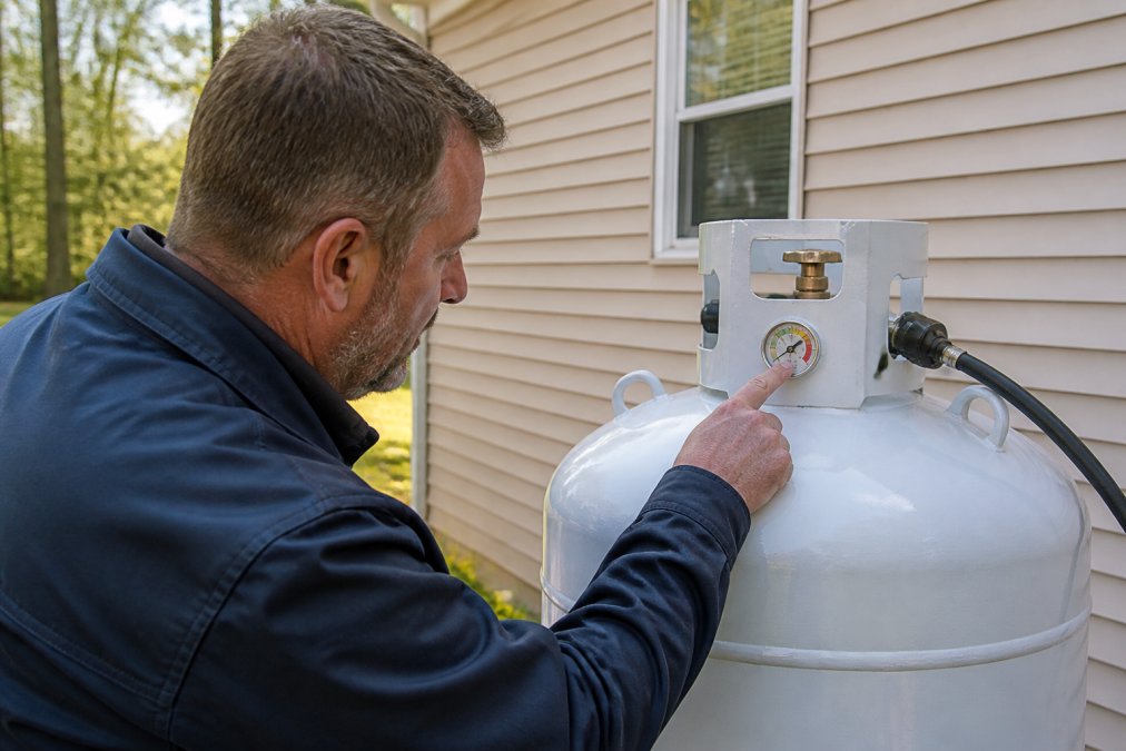 Homeowner pointing to propane tank gauge dial while checking the fuel level indicator on an upright metal tank in daylight, with clear visibility of the percentage marking