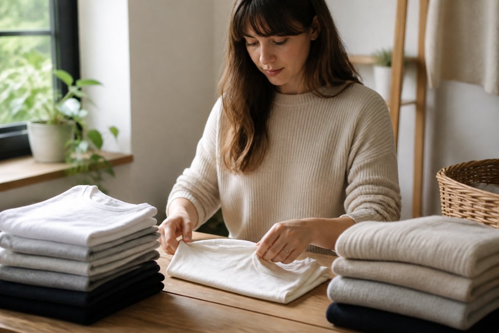 A neatly organized pile of folded cotton t-shirts and sweaters in neutral tones on a wooden surface, soft natural light from a nearby window