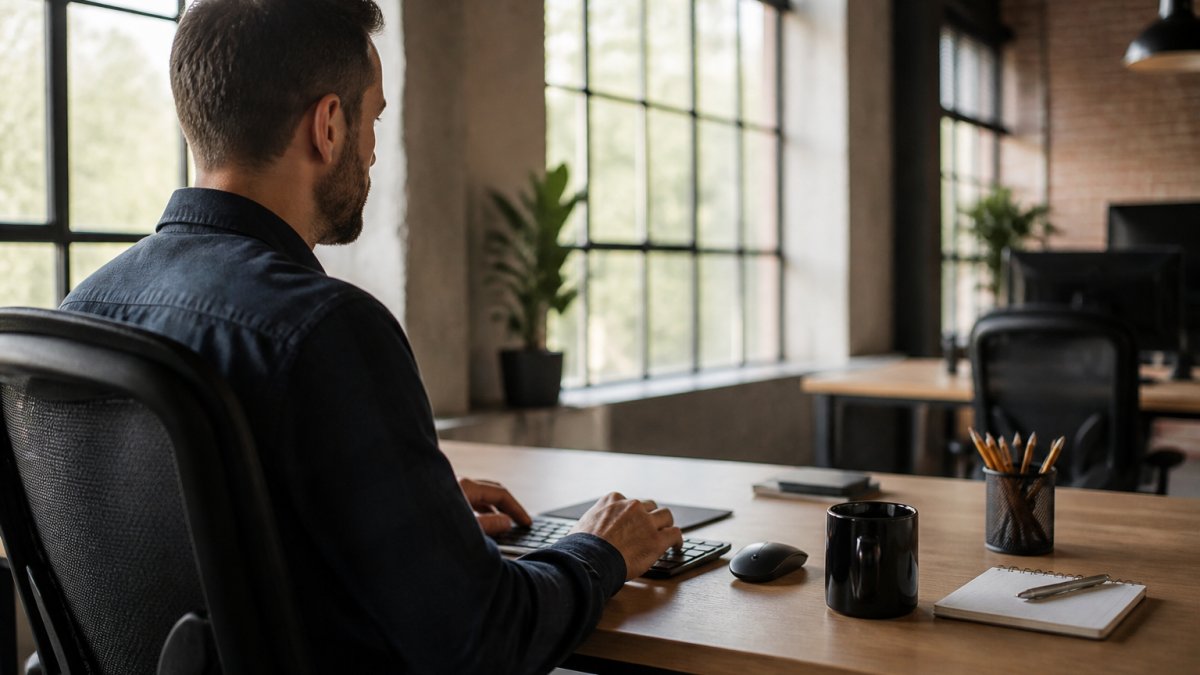 Web developer reviewing website analytics and migration metrics on multiple monitors in a modern office environment with natural lighting
