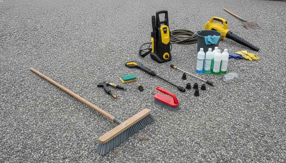 Close-up of a person using a stiff bristle brush and a bucket of soapy water to clean a light-coloured resin bound driveway on a sunny day, wearing gloves and kneeling beside a small orange bucket