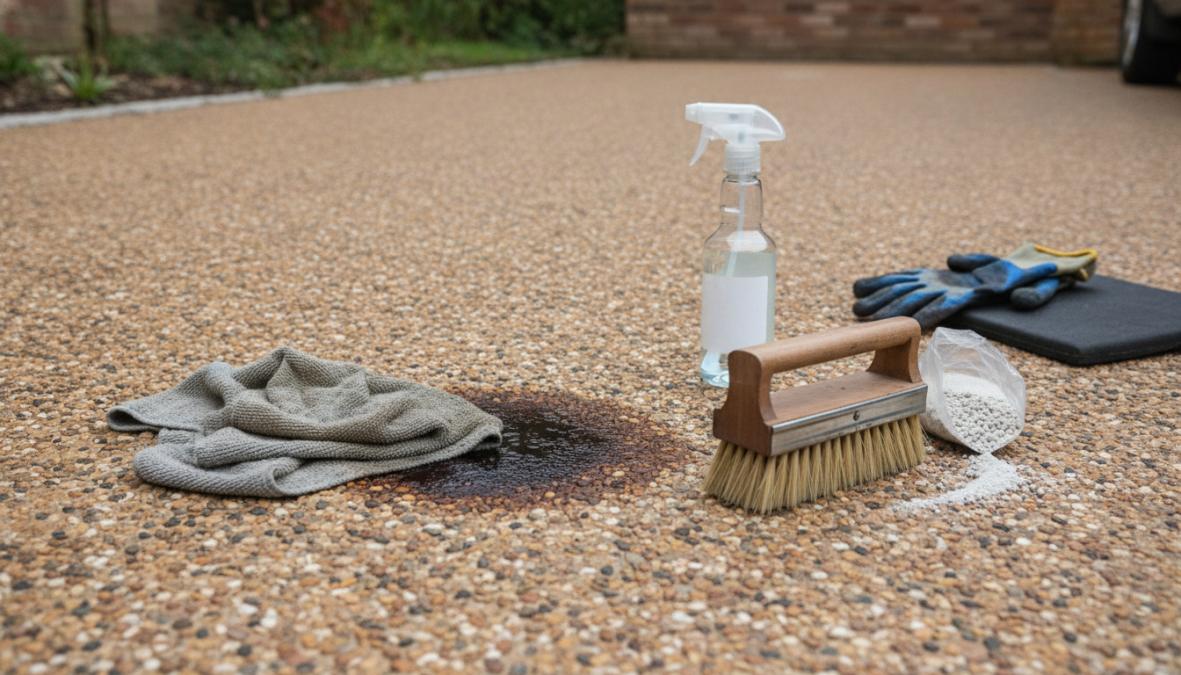 A homeowner kneeling on a resin bound driveway applying a pH-neutral cleaning solution to a dark oil stain using an absorbent cloth and a scrubbing brush, on a cloudy afternoon with the driveway bordered by a neat lawn