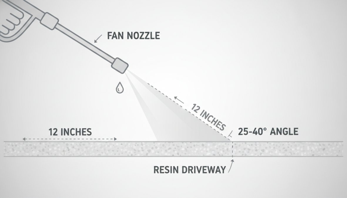 Close-up of a power washer fan nozzle held at the correct 25-40 degree angle, positioned 12 inches above a resin bound driveway surface during cleaning