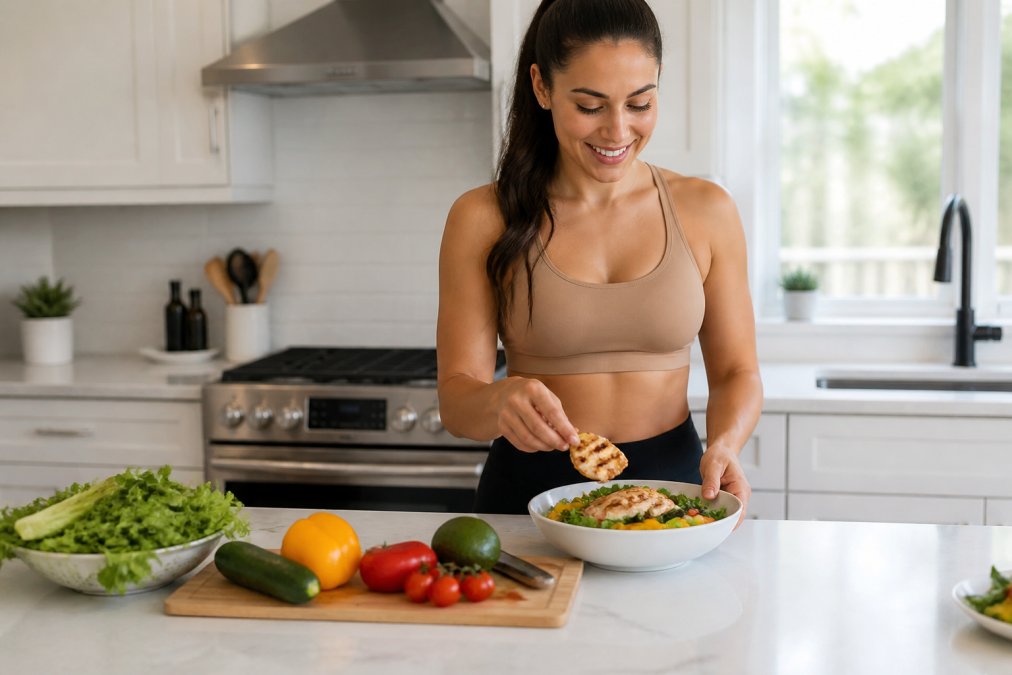Infographic showing how to maintain results after body contouring by preparing a healthy, protein-rich salad.