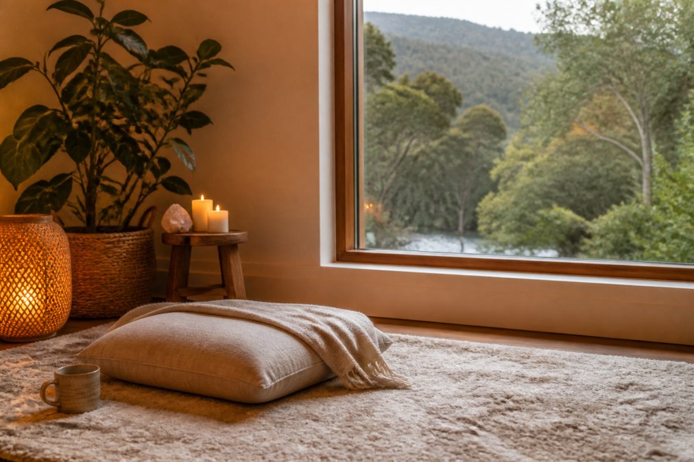 Serene home corner with a comfortable cushion on a soft rug, potted plant nearby, warm lamp providing gentle lighting, and a clear view of nature through a window