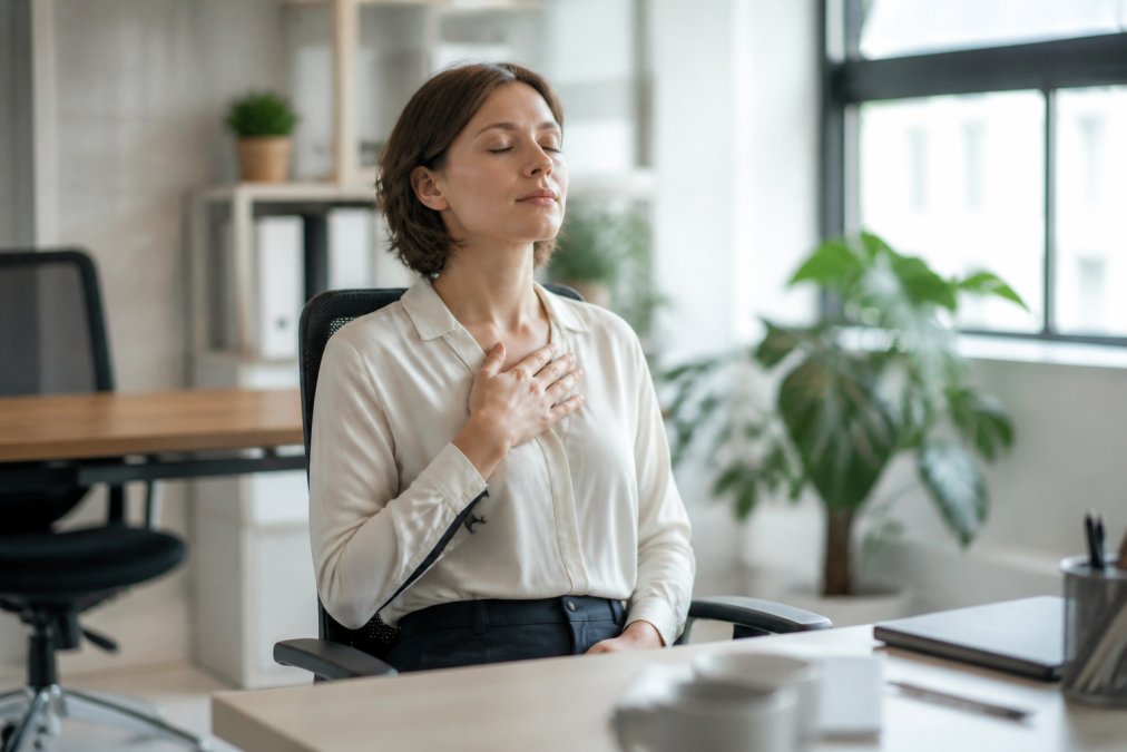 Professional pausing at desk with hand on chest, eyes closed, taking a mindful breath in a modern office with soft natural lighting