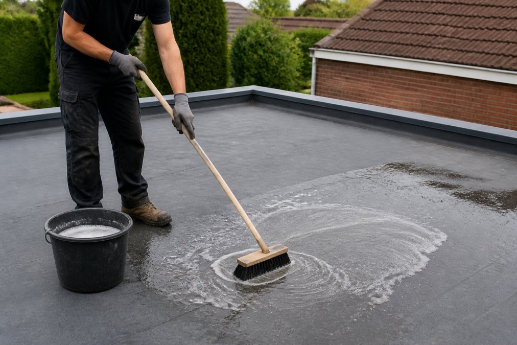 A homeowner in work gloves using a long-handled soft-bristle brush to clean a grey EPDM flat roof surface, with a bucket of soapy water beside them on a bright, dry day