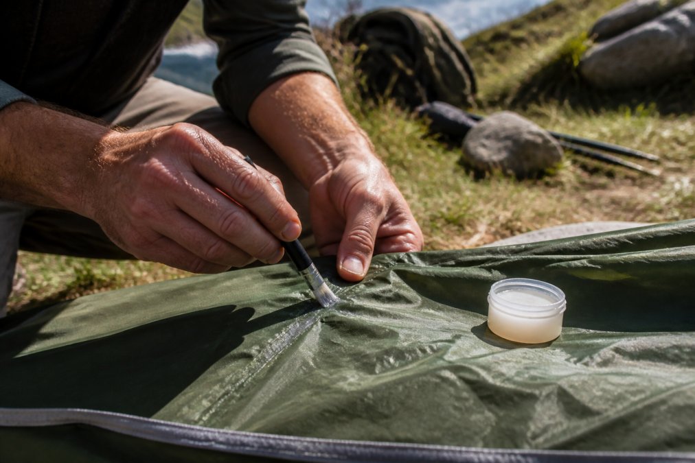 Close-up of a person's hands applying seam sealer to a tent seam with a small brush in an outdoor setting with natural daylight