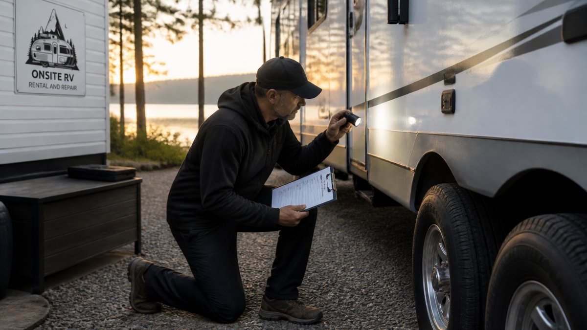 RV owner performing walk-around inspection, checking exterior seals and tires with a flashlight and checklist in hand during early morning light