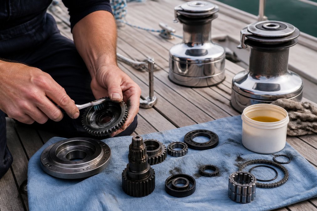 Sailor cleaning disassembled winch gears and bearings to maintain sailboat winches on a boat deck