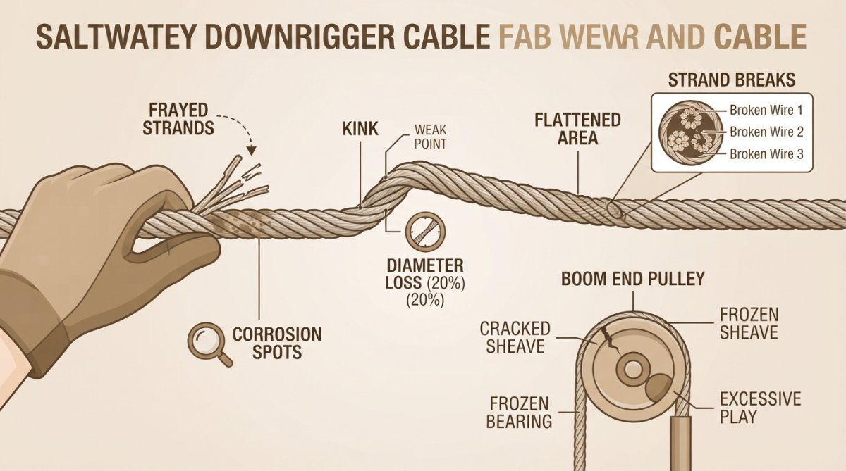 Close-up of hands inspecting a downrigger cable under bright lighting, examining frayed strands and kink damage with a magnifying glass