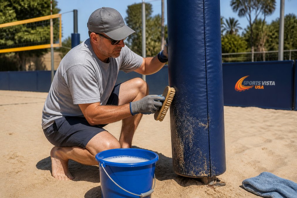Person wearing work gloves cleaning outdoor volleyball court padding with a brush and bucket on a sunny day