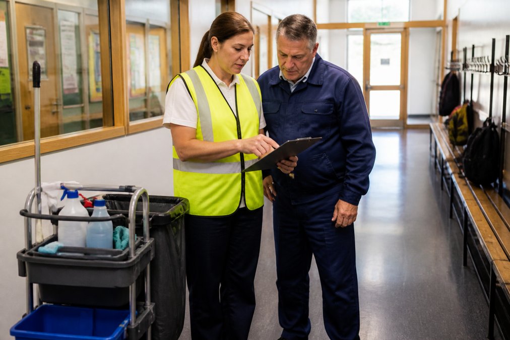 A cleaning supervisor in a high-visibility vest showing a school caretaker how to check a cleaning schedule on a clipboard in a bright school corridor, with a cleaning trolley nearby