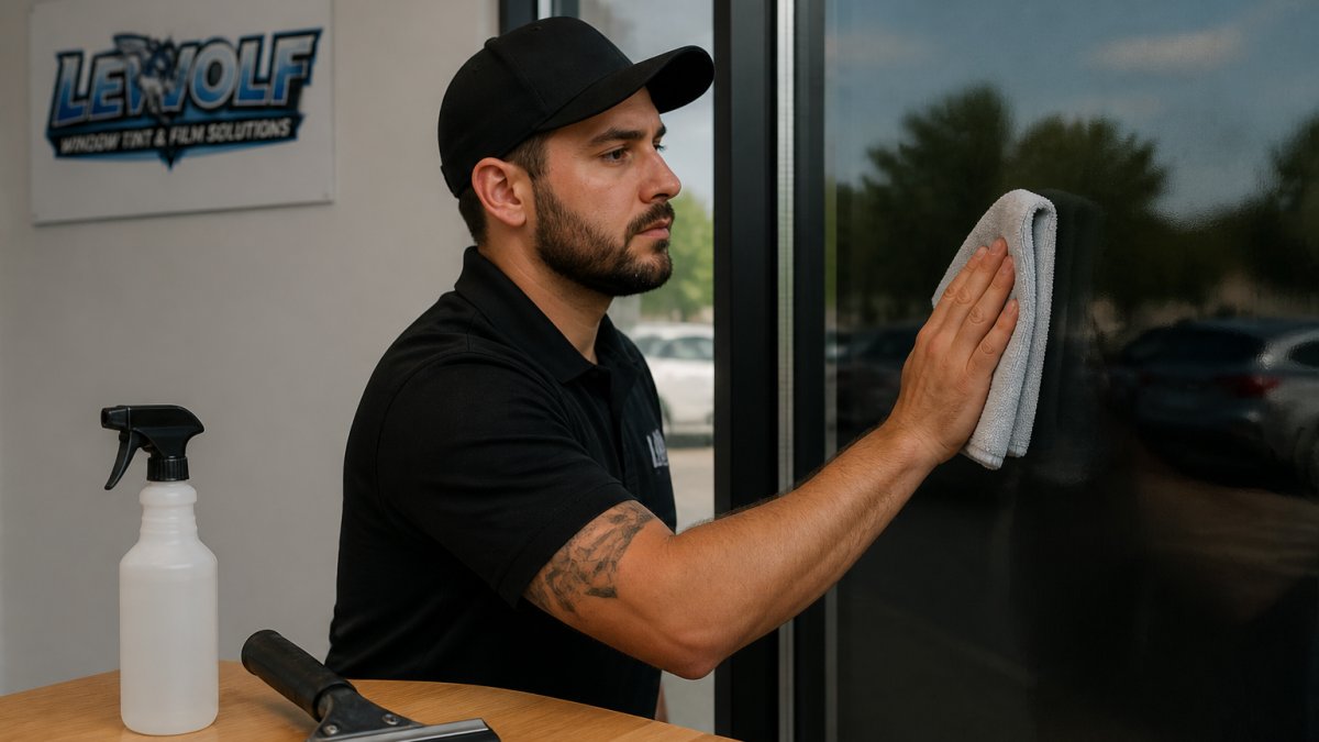 Professional hand using a soft lint-free cloth to gently clean security window film on glass, with a rubber squeegee and non-abrasive cleaner bottle visible on a nearby table in natural daylight