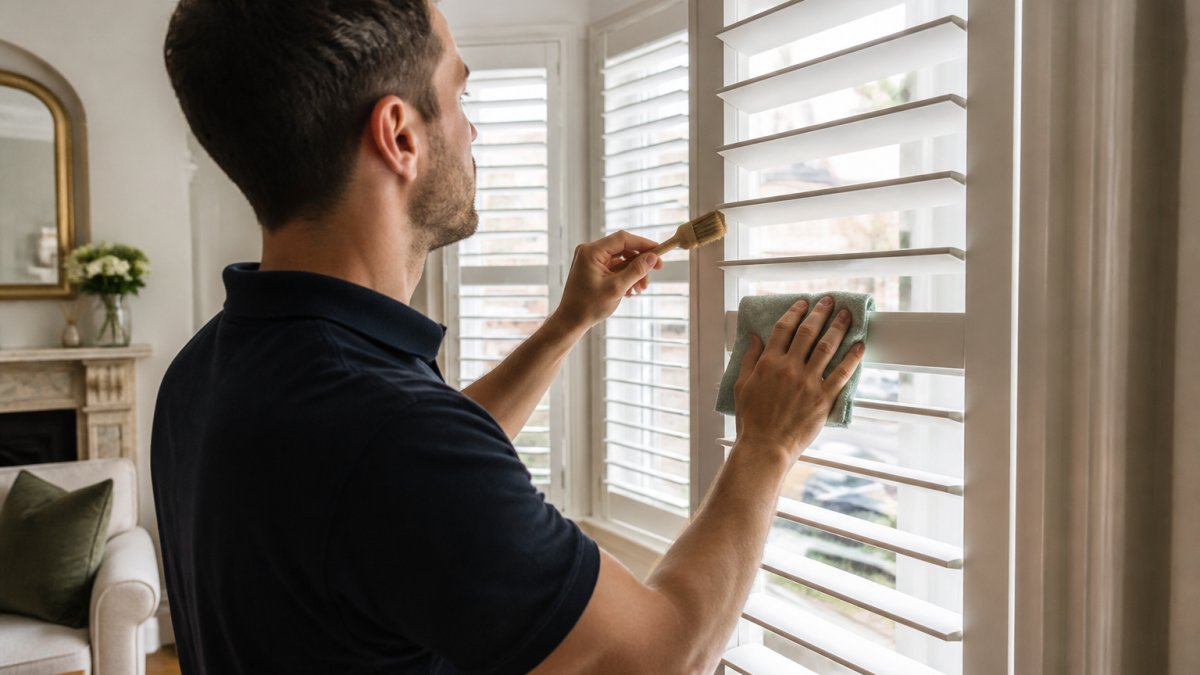 Cleaning white plantation shutters with a cloth to maintain shutters in a bright London living room.