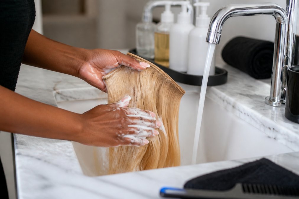 Woman gently washing blonde hair extensions under lukewarm water in a bathroom sink, hands carefully lathering sulfate-free shampoo through the lengths