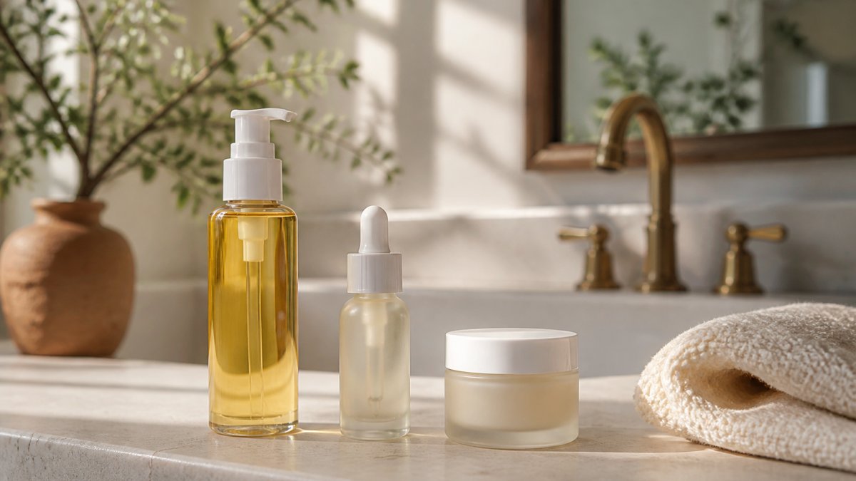 A calm, well-lit bathroom scene showing a simple skincare routine with three products laid out on a natural stone counter: a cleansing oil bottle, a serum dropper, and a cream jar. Soft morning light, minimal aesthetic, no visible brand names
