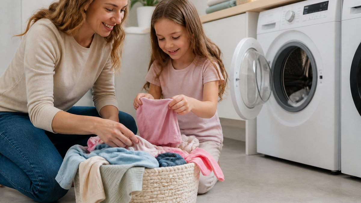 Parent and child sorting a small pile of colorful kids clothes into a laundry basket in a bright laundry room, front-loading washer open in background