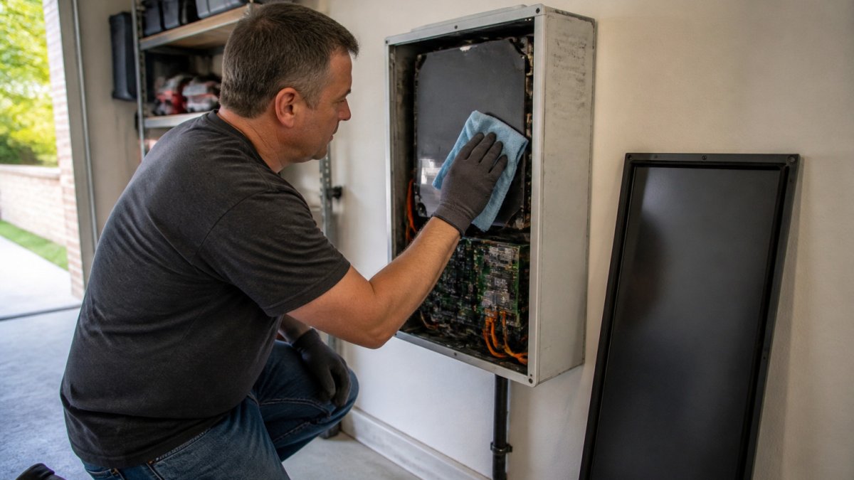 Homeowner wearing gloves cleaning dust from a wall-mounted solar battery to help maintain solar battery systems.