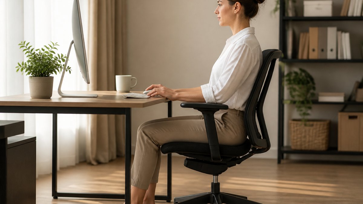 Professional sitting at ergonomic desk with proper posture, neutral spine, feet flat on floor, screen at eye level, and shoulders relaxed