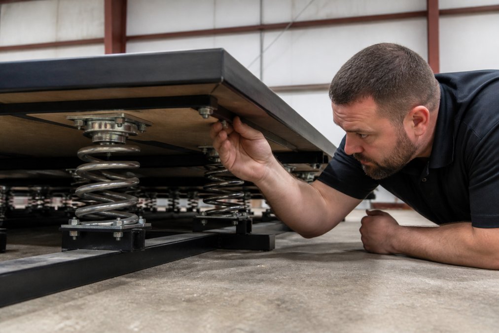 Professional technician inspecting the underside of a sprung floor, hands checking power springs and bolt fasteners for corrosion and wear in a well-lit facility