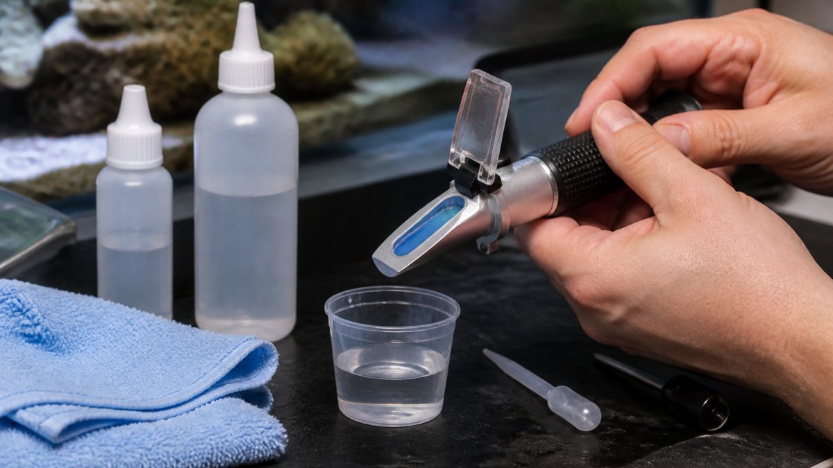 Close-up of hands holding a refractometer over a sample cup of aquarium water, with calibration solution and distilled water bottles nearby on a clean aquarium workstation