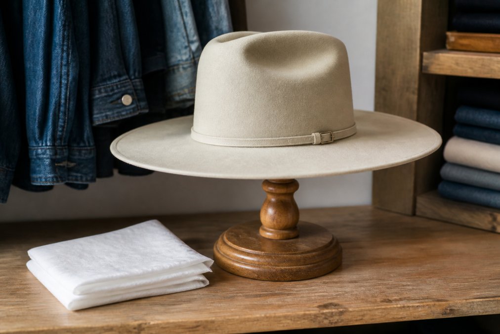 A Stetson cowboy hat displayed on a wooden hat stand in natural daylight, showing proper positioning with the brim flat and level, tissue paper placed nearby on a wooden shelf