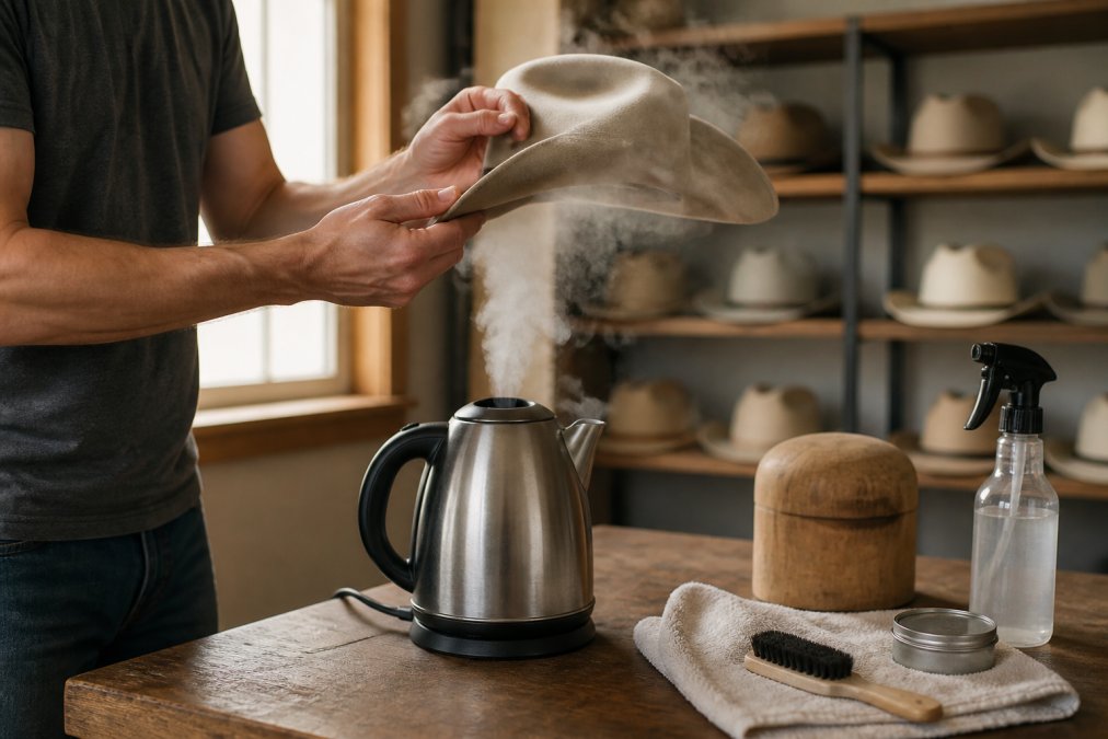 Hands carefully holding a felt cowboy hat at proper distance above steam rising from a kettle, demonstrating correct positioning and technique with visible steam