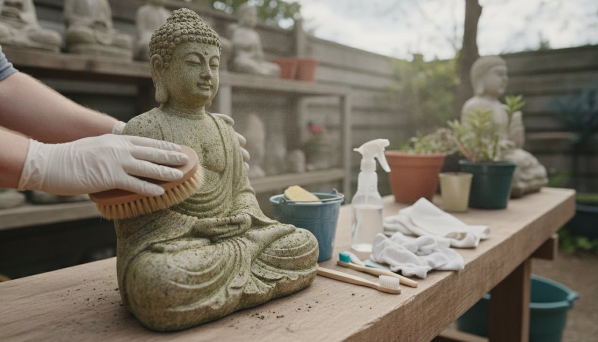 Close-up of hands using a soft-bristle brush with gentle circular motions on a weathered stone garden statue, garden hose with low-pressure spray visible nearby, natural outdoor lighting