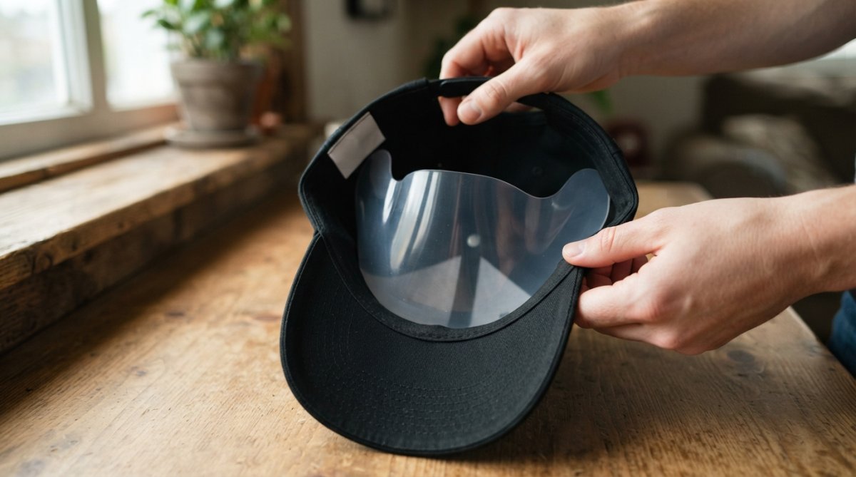 A close-up of hands placing a clear plastic hat crown shaper insert inside a structured black baseball cap resting on a wooden table, soft natural window light