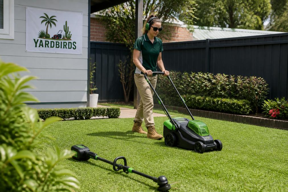 A person using an electric lawn mower on a well-kept backyard lawn in a suburban garden, with neat edges and a line trimmer resting nearby