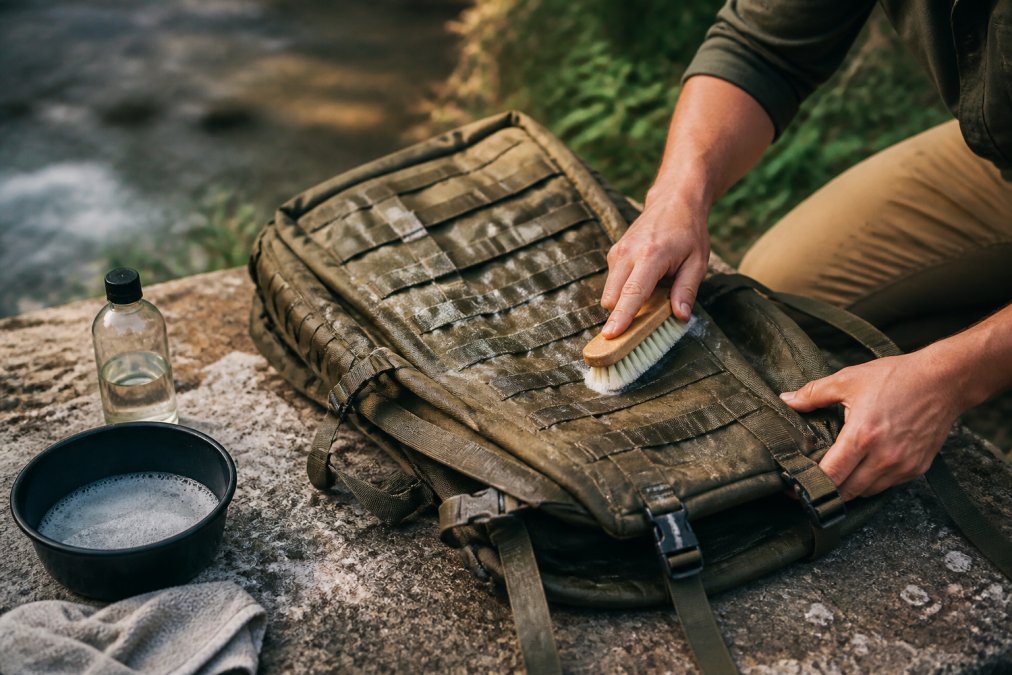 A person using a soft brush and mild soapy water to gently scrub the exterior of a tactical backpack laid flat on a clean outdoor surface in soft daylight