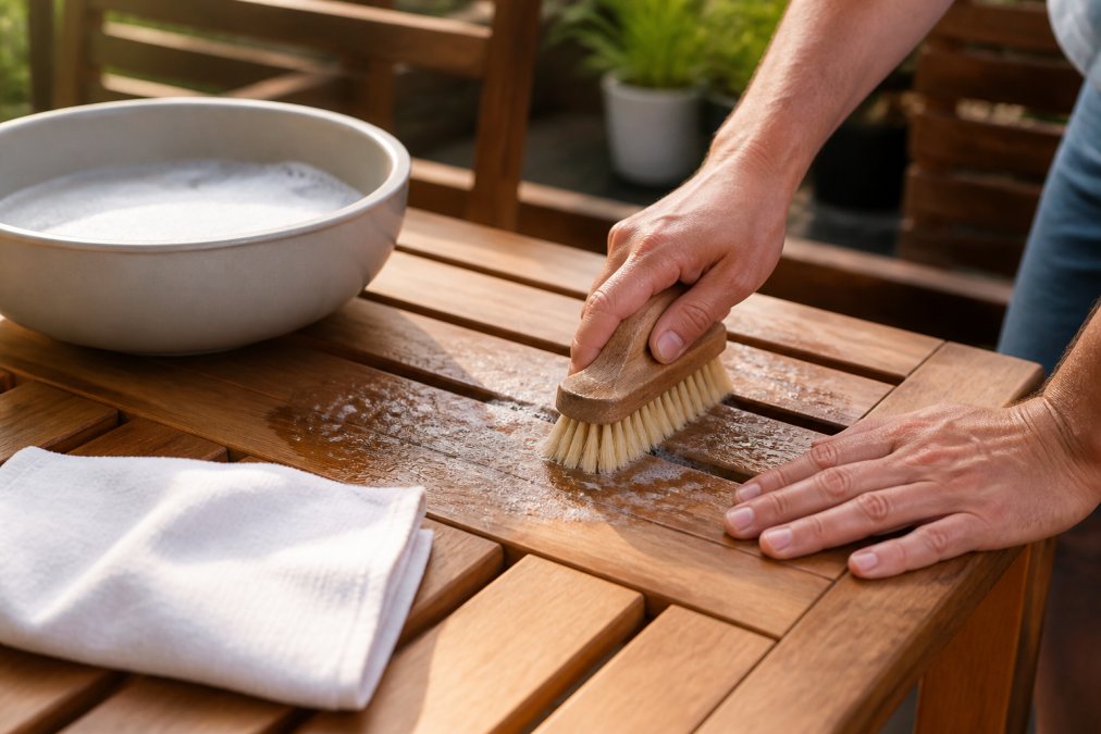 Close-up of hands using a soft-bristle brush to gently clean teak wood grain, with mild soapy water and a lint-free cloth visible on a sunny patio