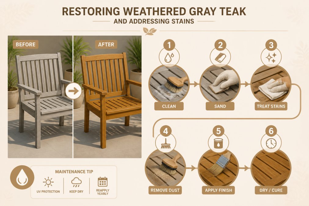Before-and-after view of weathered gray teak furniture being restored to its natural warm tone, showing the wood restoration process with sanding and protective finish application in natural outdoor lighting