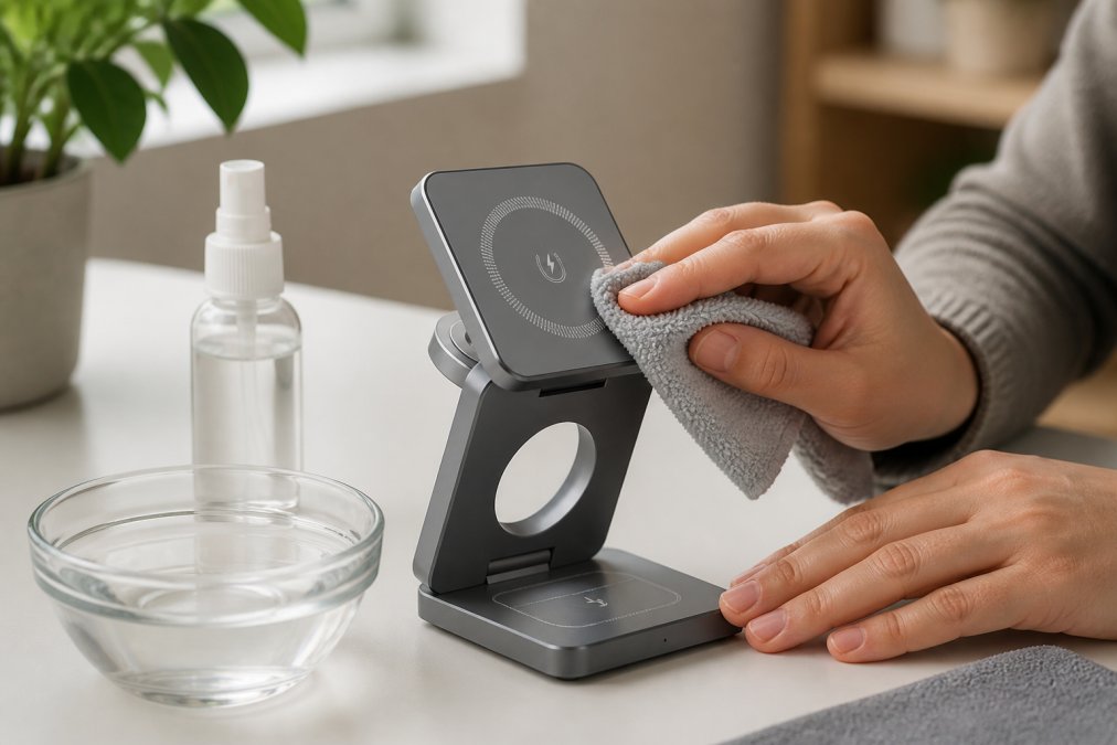 Hands carefully cleaning a wireless charging station with a soft microfiber cloth, using a small bowl of distilled water and non-fragrant cleaning solution on a white desk with natural morning light